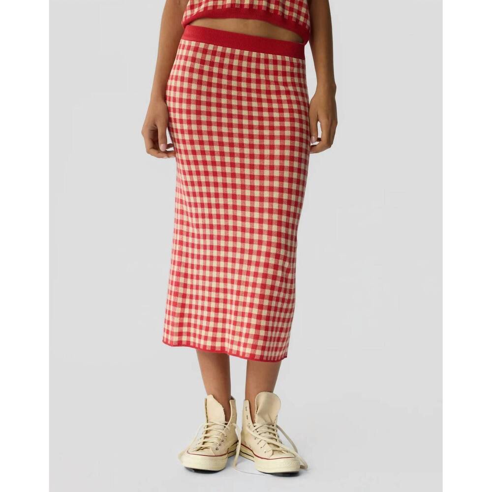 NEW GUEST IN RESIDENCE gingham midi skirt in scarlet mist